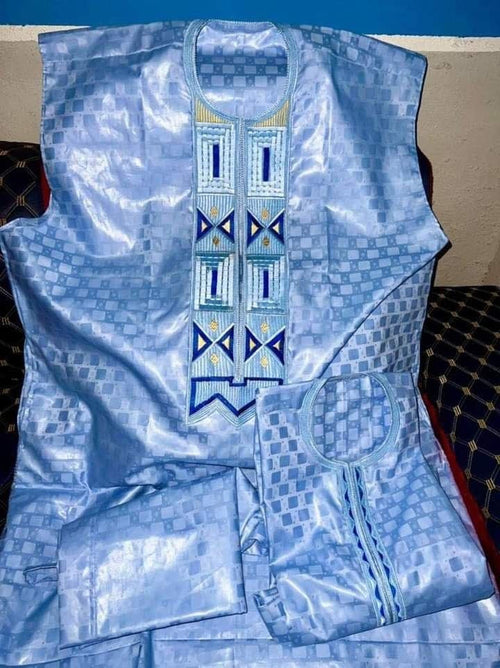 Grand Boubou Prestige 3 Pièces Bleu Argenté - Broderies Marine & Or MaisonBarry
