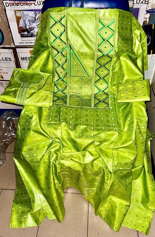 Grand Boubou Prestige 3 Pièces Vert Lime - Broderies Tonal Doré MaisonBarry