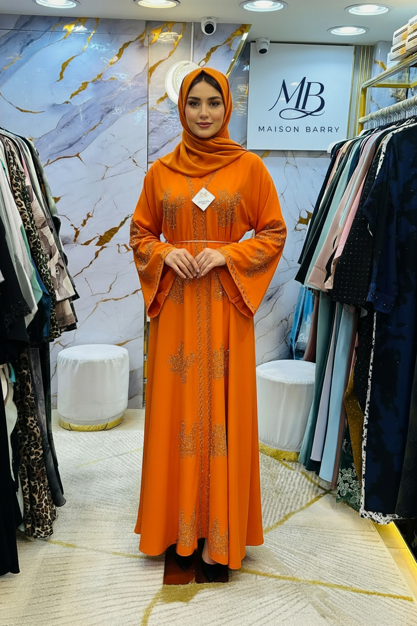 Abaya Prestige Orange Brodée Dorée MaisonBarry