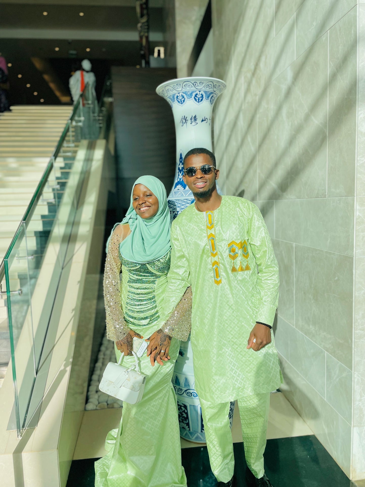 Ensemble Bazin Vert Menthe Brodé pour Mariage en Couple