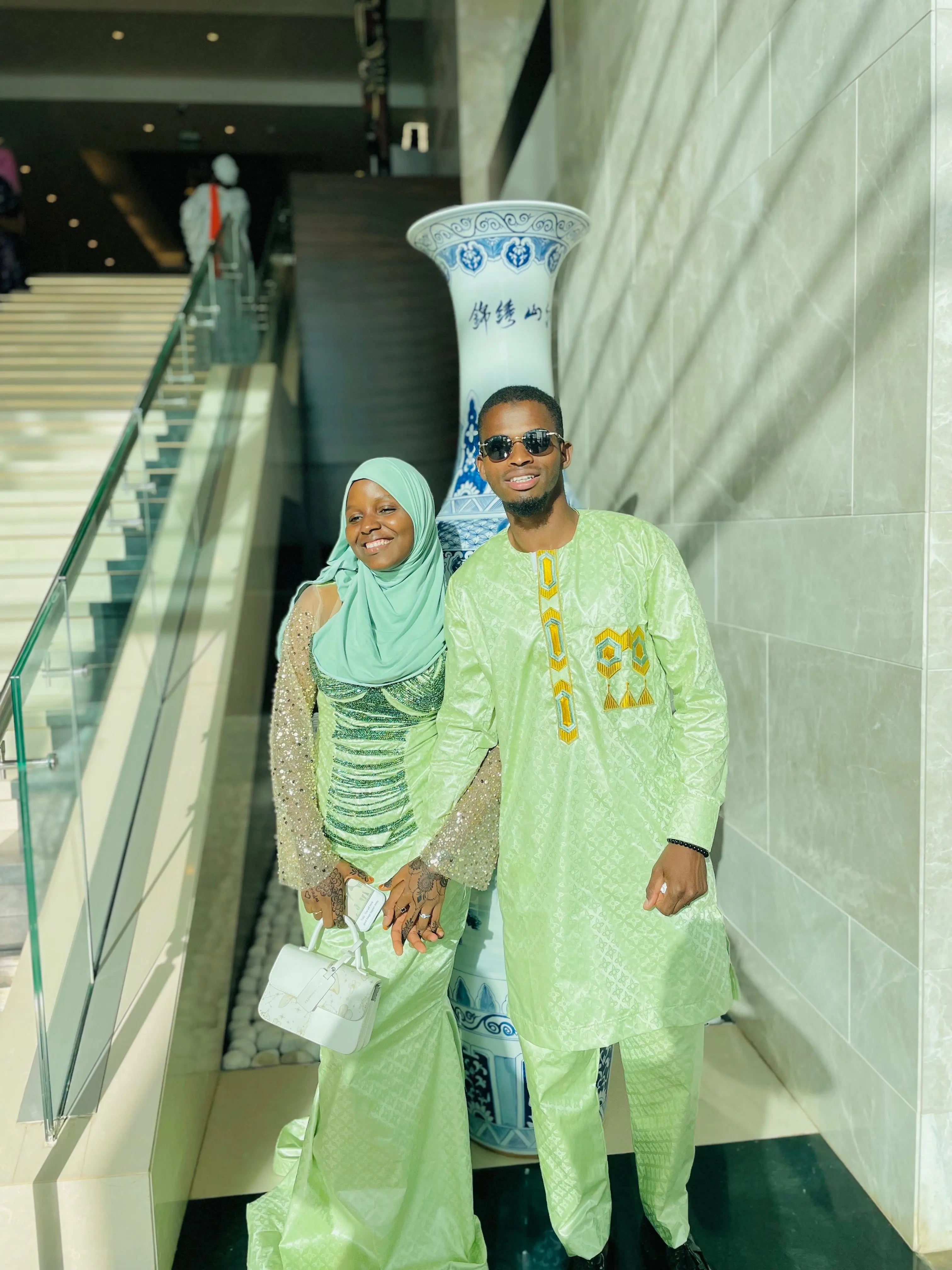 Ensemble Bazin Vert Menthe Brodé pour Mariage en Couple MaisonBarry