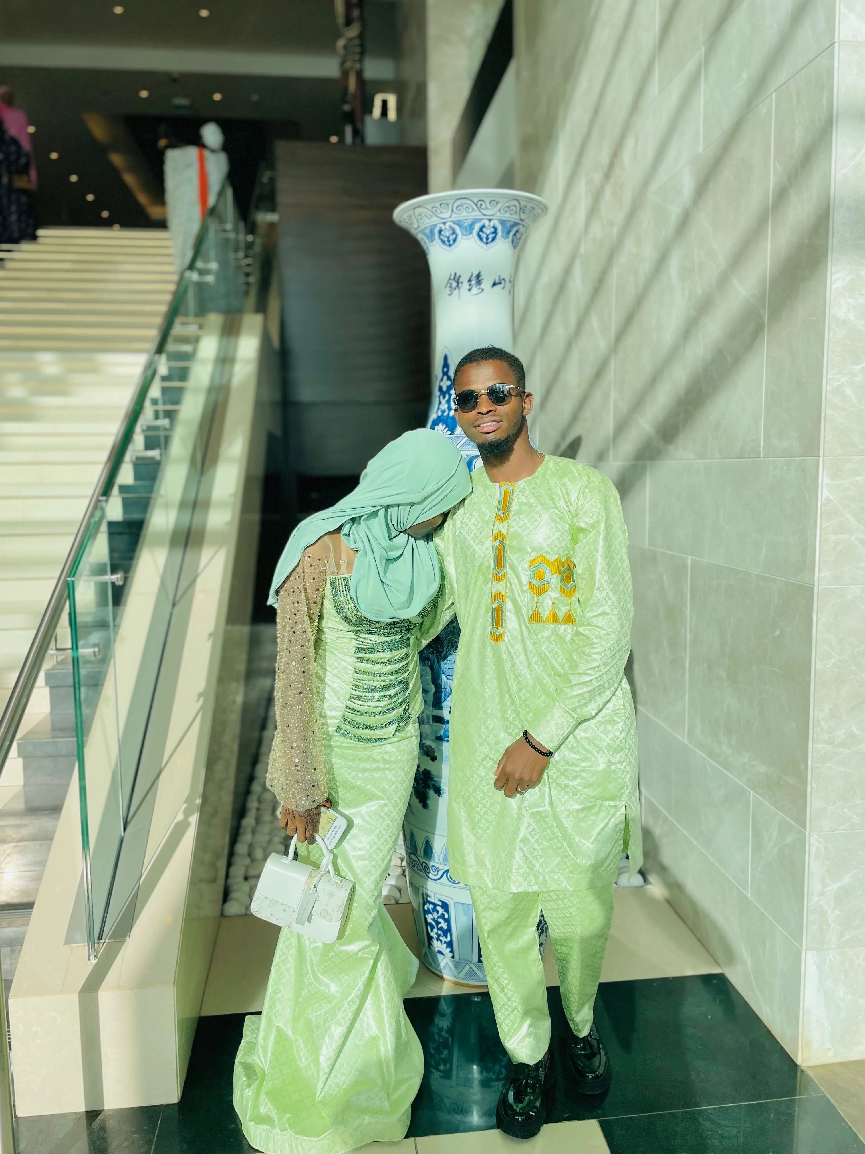 Ensemble Bazin Vert Menthe Brodé pour Mariage en Couple MaisonBarry