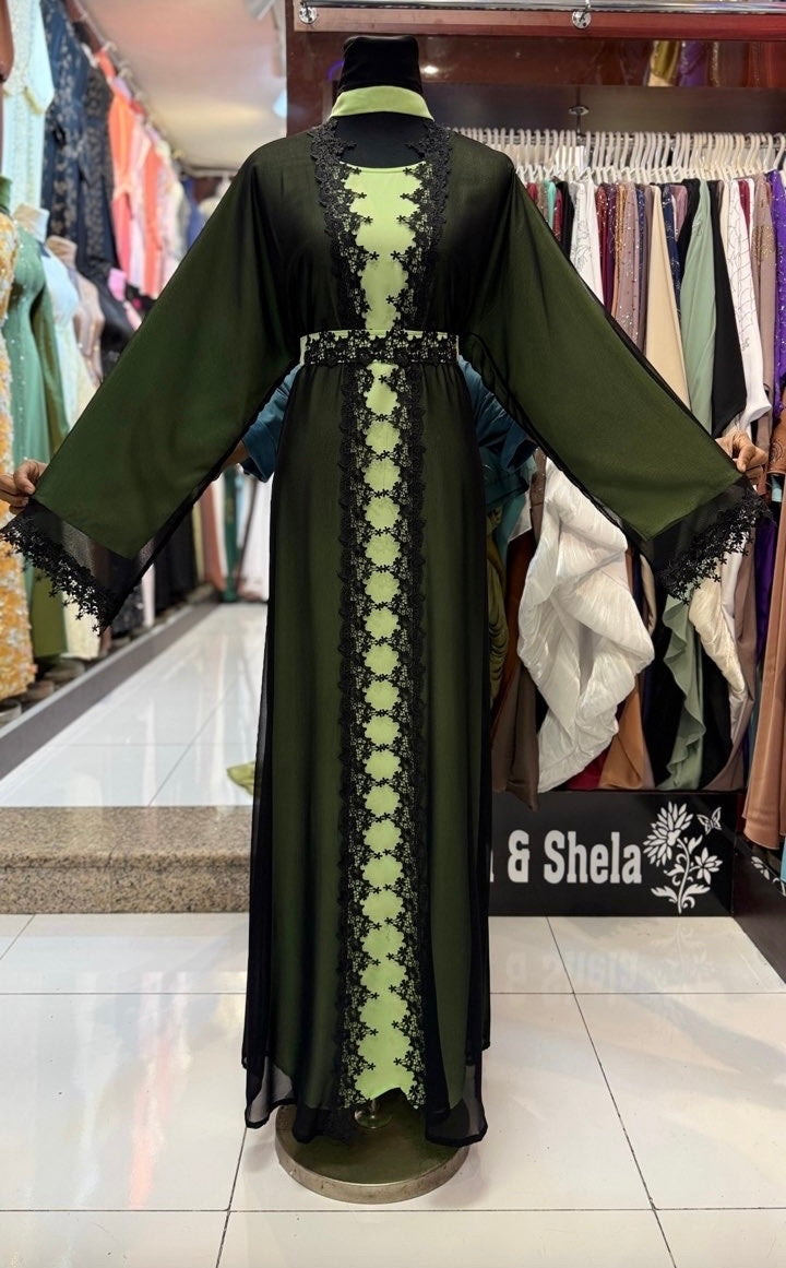 Abaya Dentelle Vert Foncé et Anis MaisonBarry