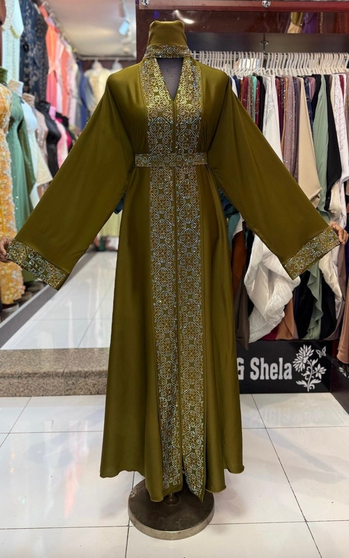 Abaya Col V Vert Olive et Or MaisonBarry