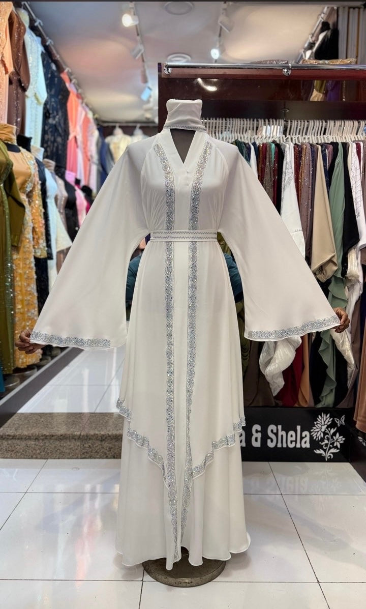Abaya Brodée Blanche et Argent MaisonBarry