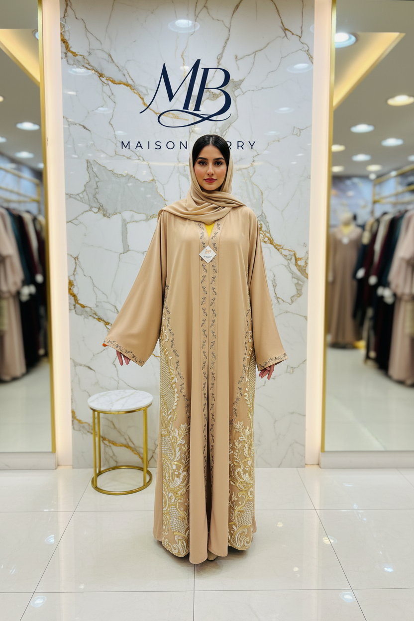 Abaya beige broderies paon - Maison Barry