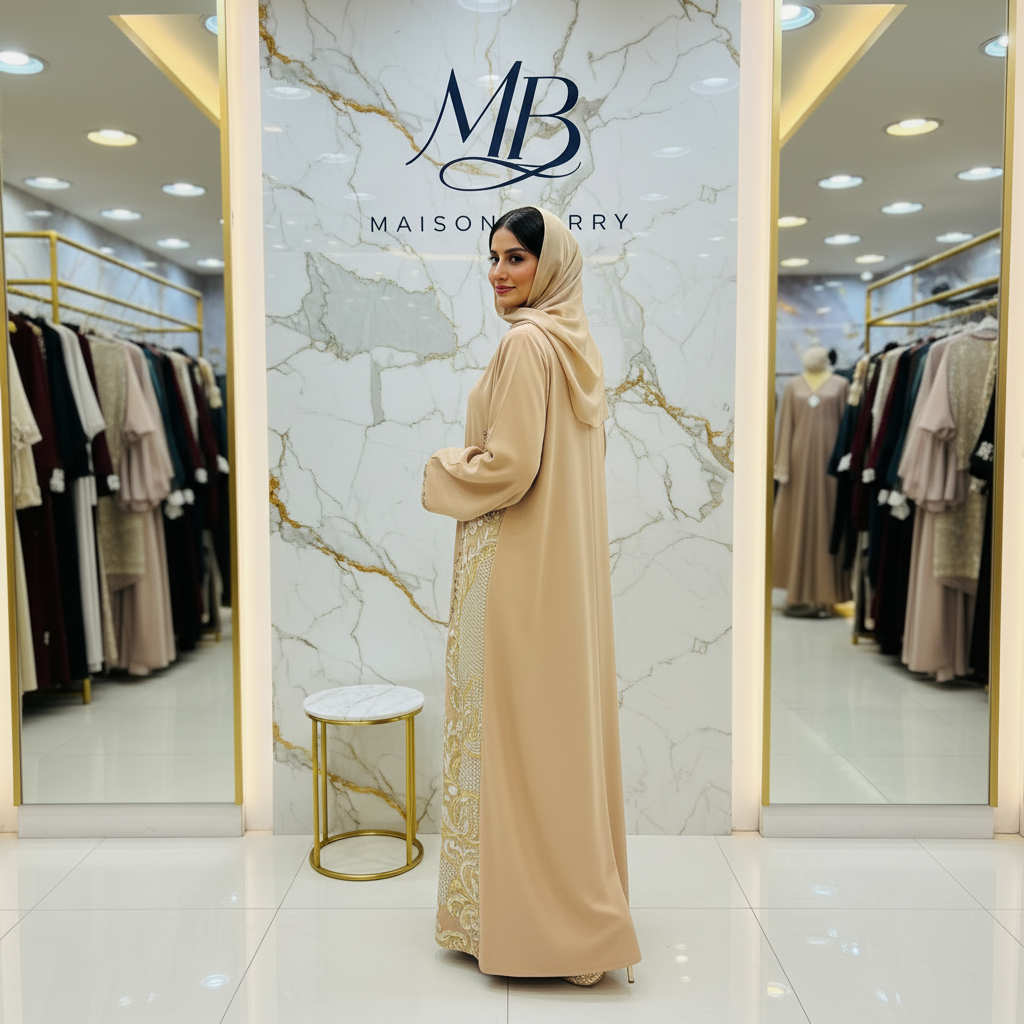 Abaya Beige Broderies Paon Or - Pose Dos