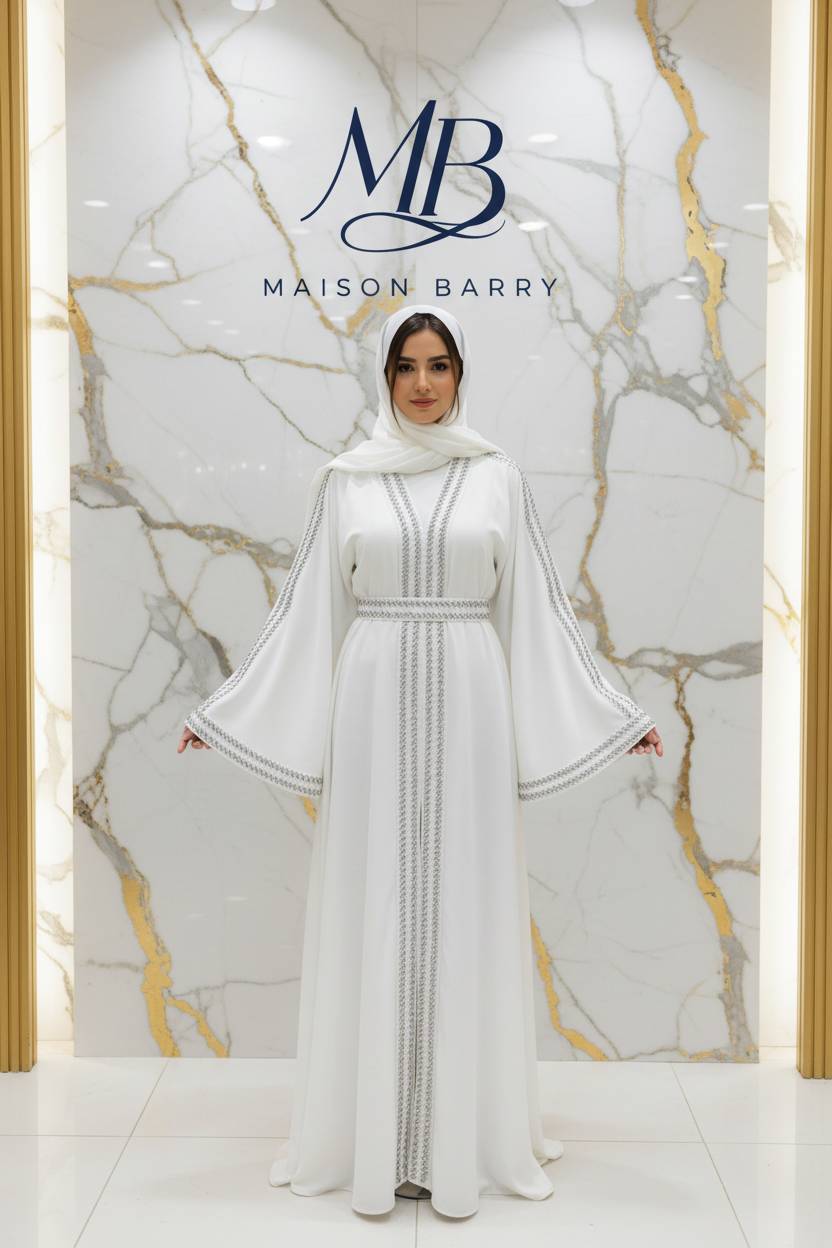 Abaya blanche galon argenté - Maison Barry