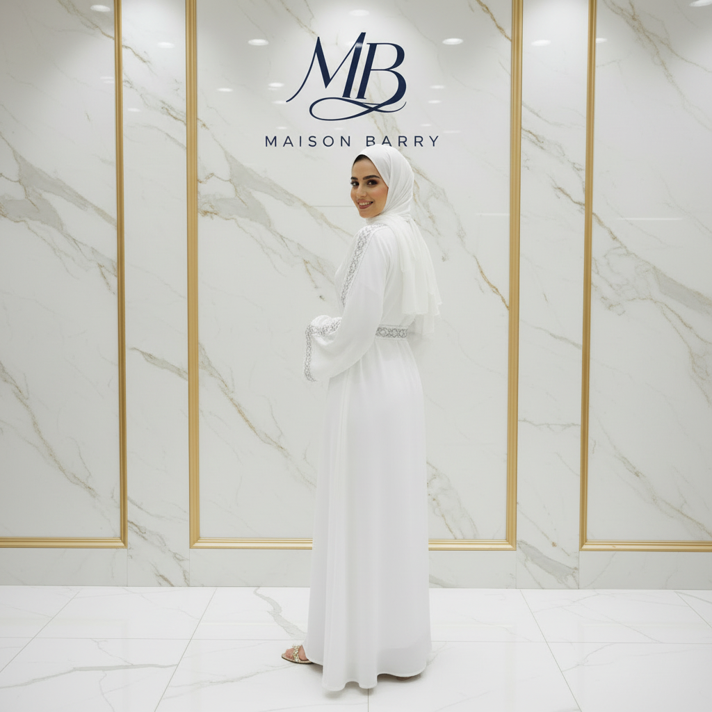 Abaya Blanche Galon Argenté - Pose Dos