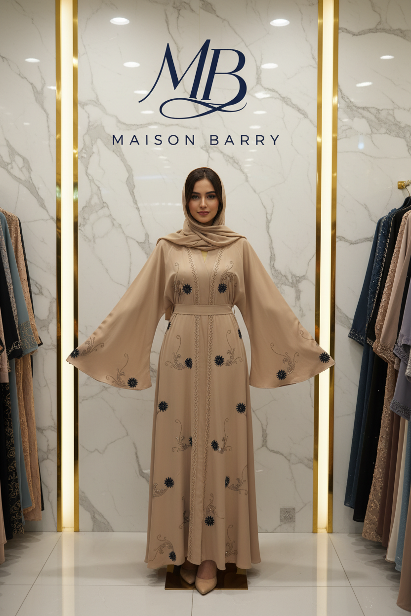 Abaya camel fleurs noires - Maison Barry