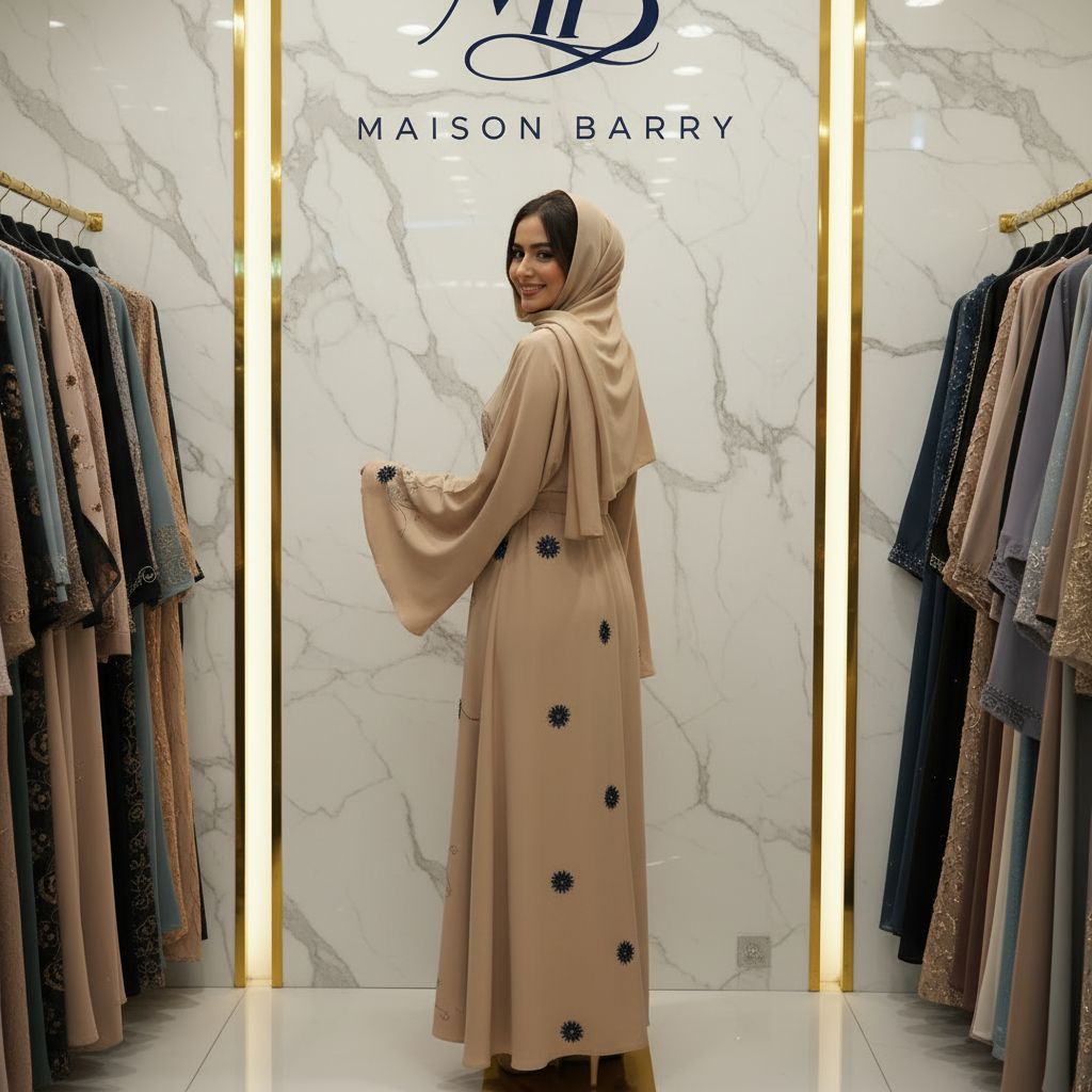 Abaya Camel Fleurs Noires - Pose Dos