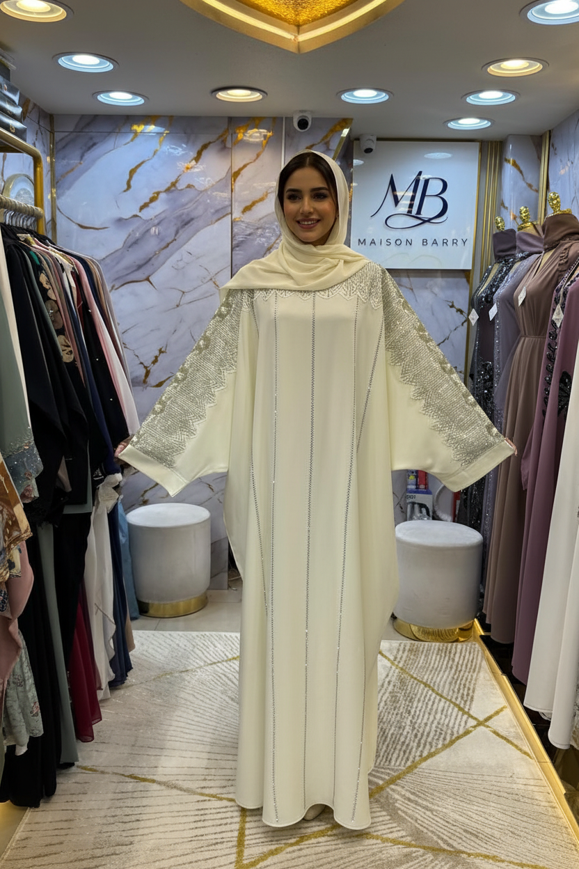 Abaya crème broderies argent - Maison Barry
