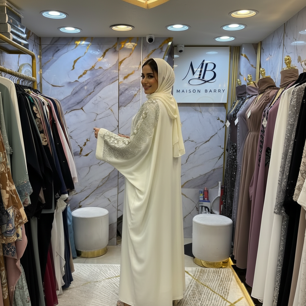 Abaya Crème Broderies Argent Manches - Pose Dos