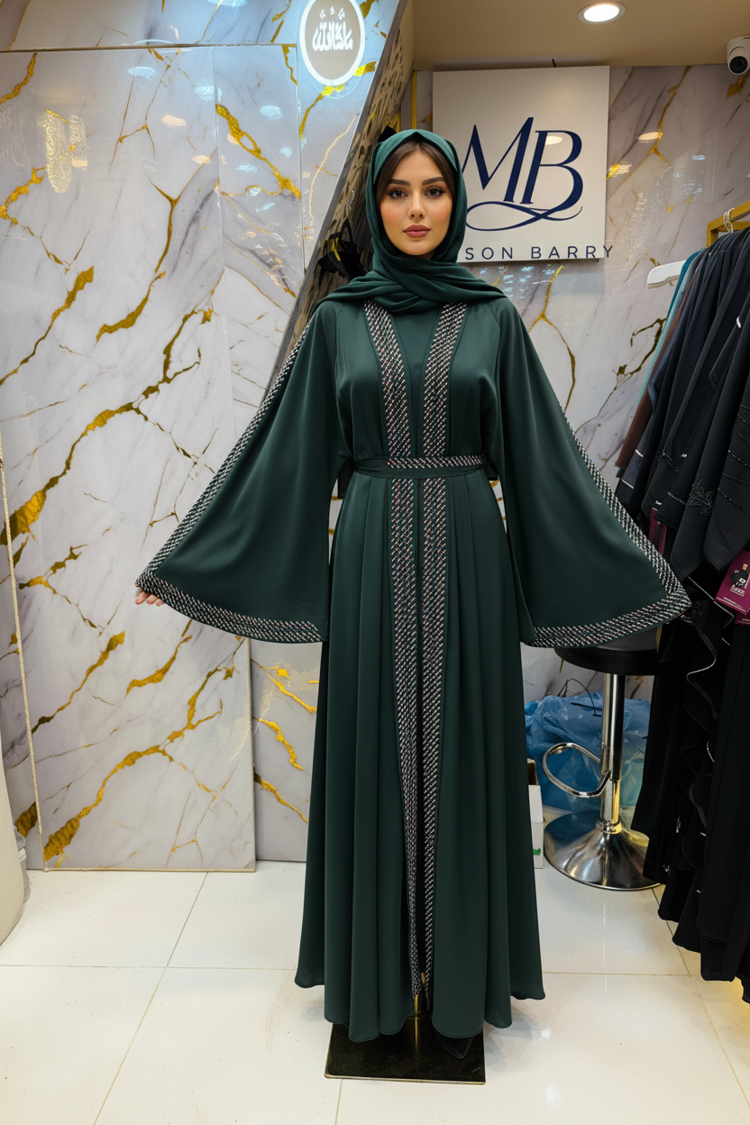 Abaya Prestige Émeraude Galon Argenté MaisonBarry