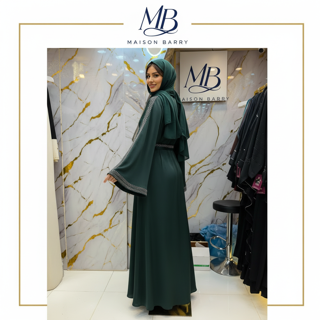 Abaya Émeraude Galon Argenté - Pose Dos
