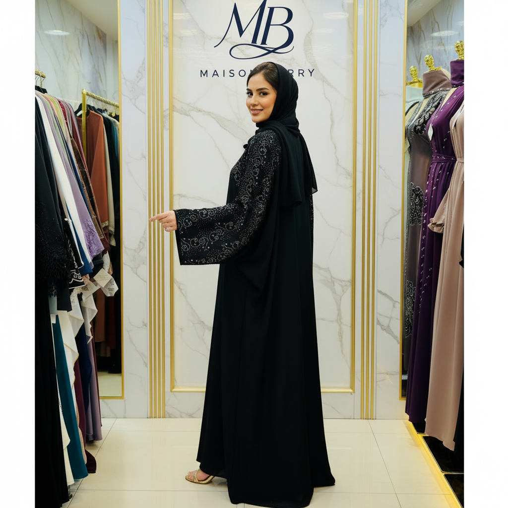 Abaya Noire Arabesques Argent - Pose Dos