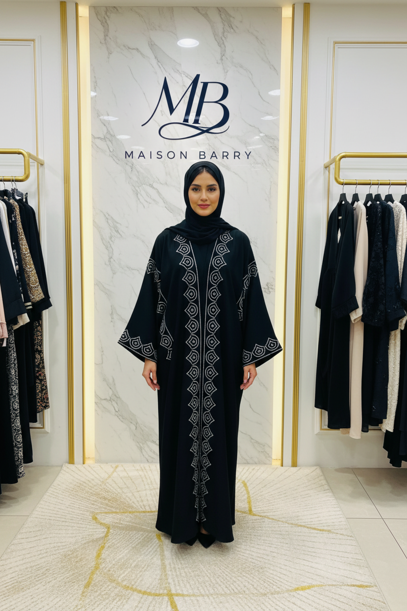Abaya noire broderies géométriques - Maison Barry