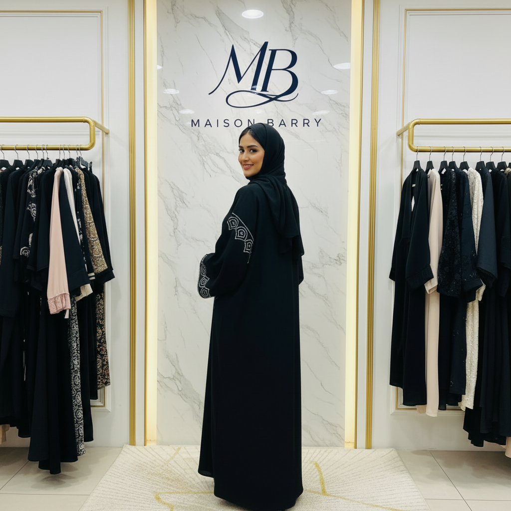 Abaya Noire Broderies Géométriques - Pose Dos