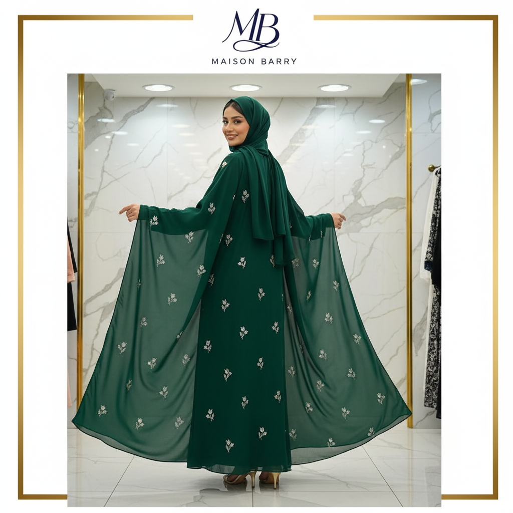 Abaya Vert Émeraude Tulipes - Pose Dos