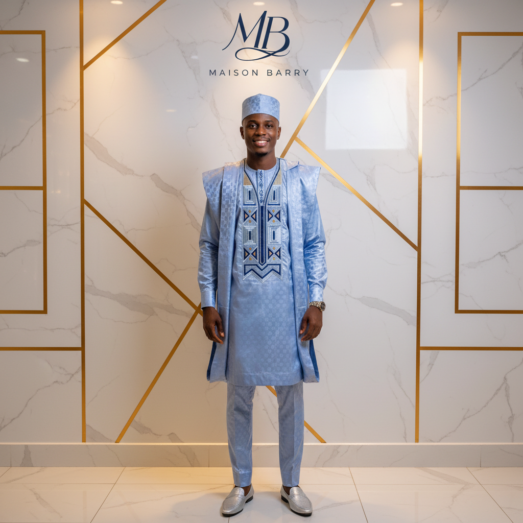 Grand Boubou Prestige 3 Pièces Bleu Argenté - Broderies Marine & Or MaisonBarry