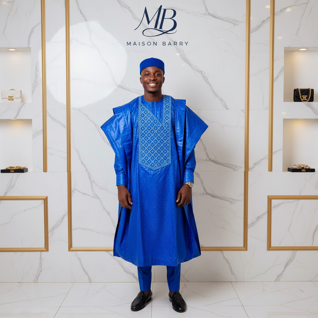 Grand Boubou Prestige 3 Pièces Bleu Royal - Broderies Tonal Saphir MaisonBarry
