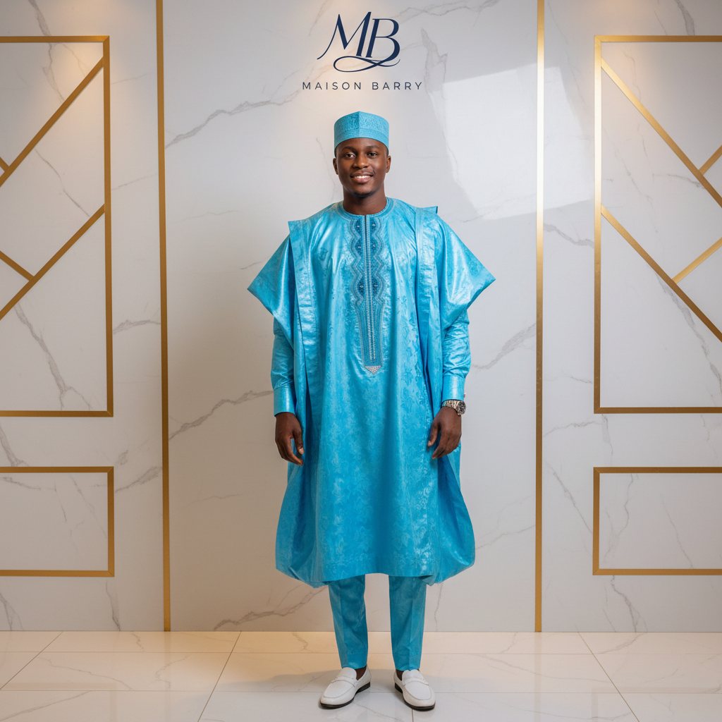 Grand Boubou Prestige 3 Pièces Bleu Turquoise - Broderies Tonal Argent MaisonBarry