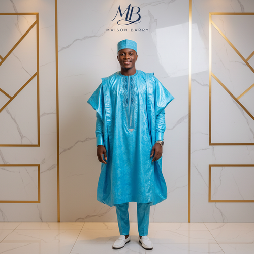 Grand Boubou Prestige 3 Pièces Bleu Turquoise - Broderies Tonal Argent MaisonBarry