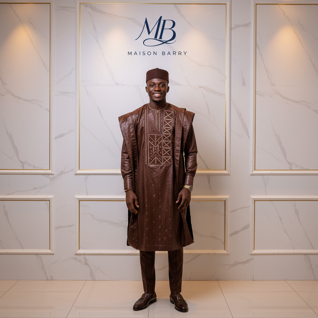 Grand Boubou Prestige 3 Pièces Chocolat - Broderies Dorées Géométriques MaisonBarry