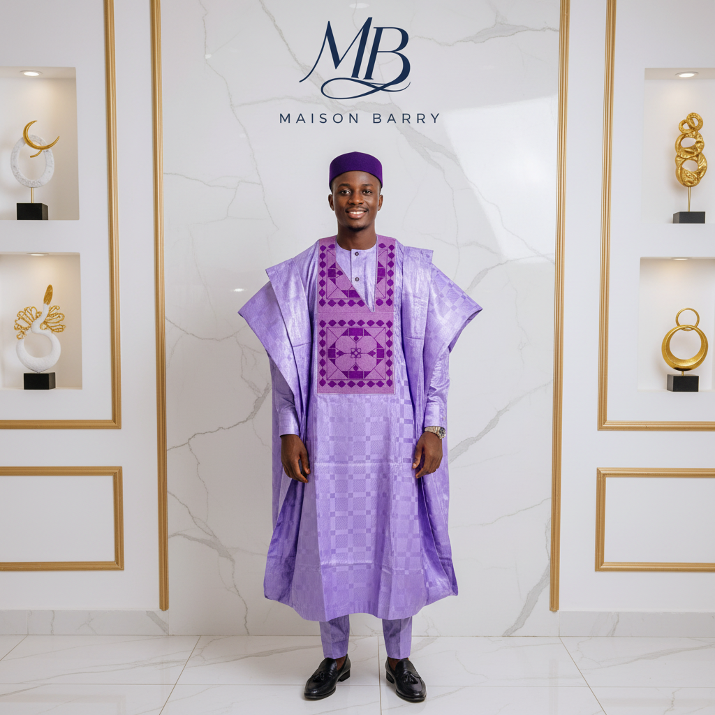 Grand Boubou Prestige 3 Pièces Lavande - Broderies Violettes Géométriques MaisonBarry