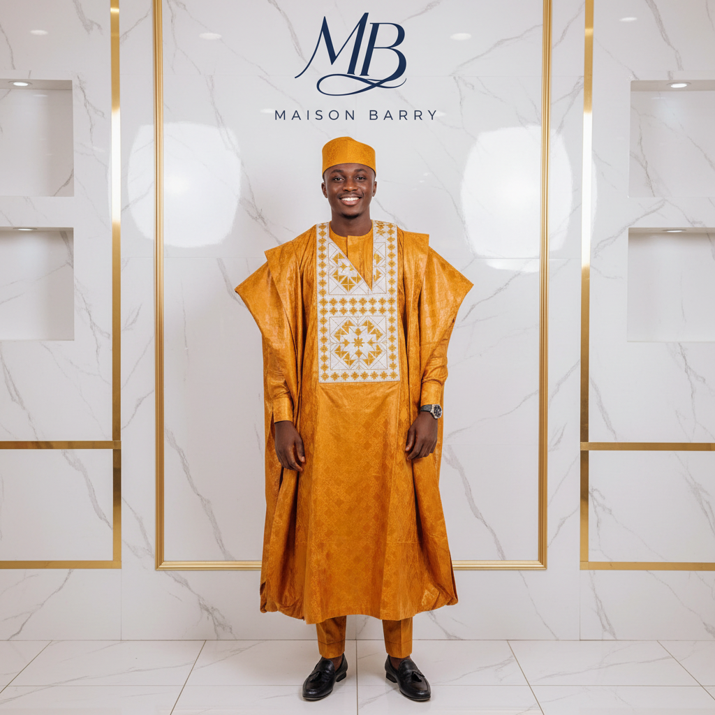 Grand Boubou Prestige 3 Pièces Or Ambré - Broderies Blanches Géométriques MaisonBarry