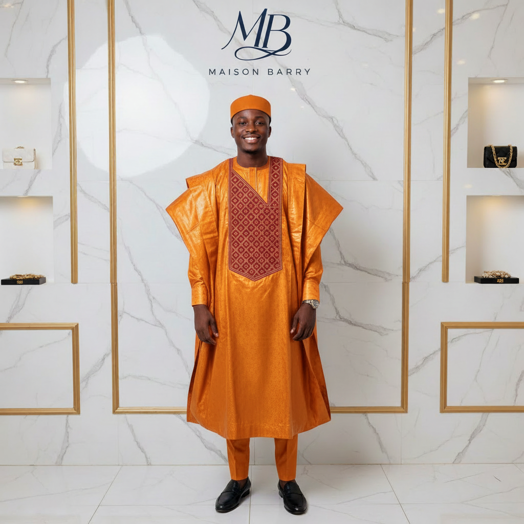 Grand Boubou Prestige 3 Pièces Orange Doré - Broderies Bordeaux Géométriques MaisonBarry