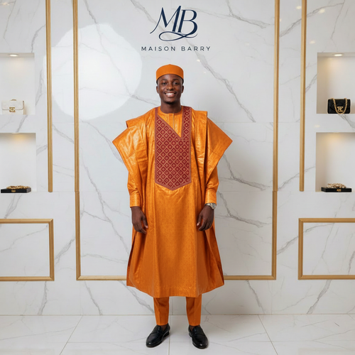 Grand Boubou Prestige 3 Pièces Orange Doré - Broderies Bordeaux Géométriques MaisonBarry
