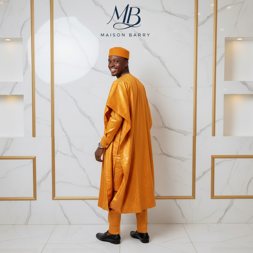 Grand Boubou Prestige 3 Pièces Orange Doré - Broderies Bordeaux Géométriques MaisonBarry