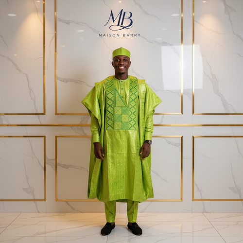 Grand Boubou Prestige 3 Pièces Vert Lime - Broderies Tonal Doré MaisonBarry