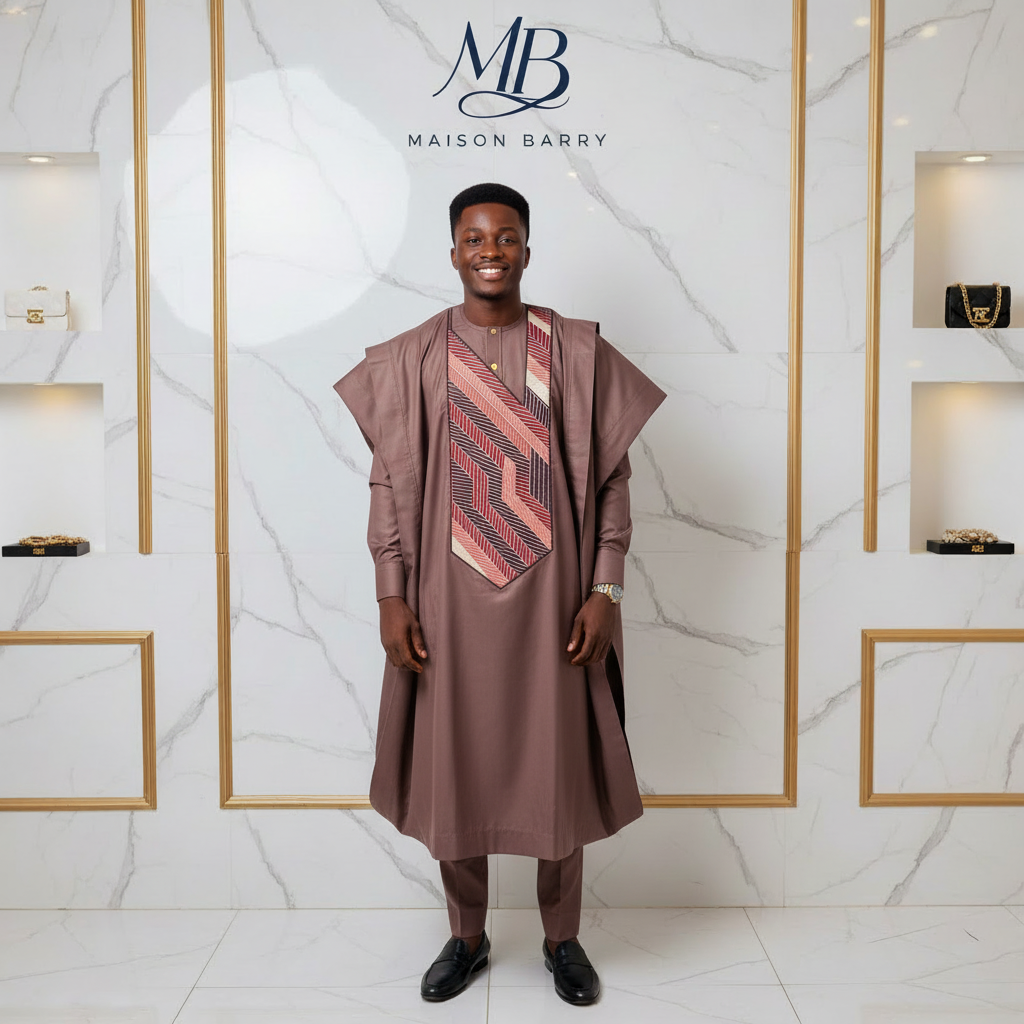 Grand Boubou Prestige 3 Pièces Mauve Taupe - Broderies Rayures Multicolores MaisonBarry