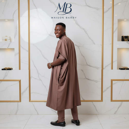 Grand Boubou Prestige 3 Pièces Mauve Taupe - Broderies Rayures Multicolores MaisonBarry