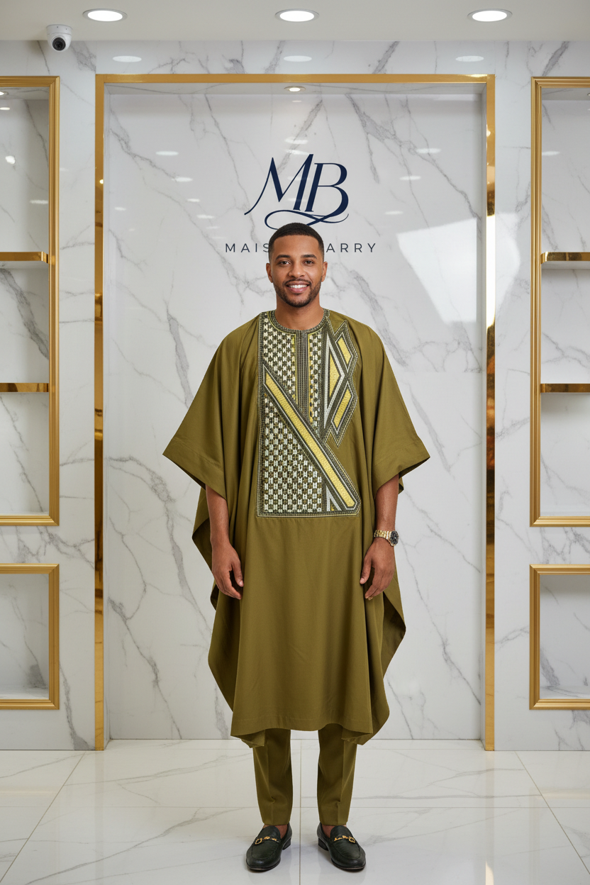 Macki Sall Prestige 3 Pièces Kaki - Grand Boubou Brodé MaisonBarry