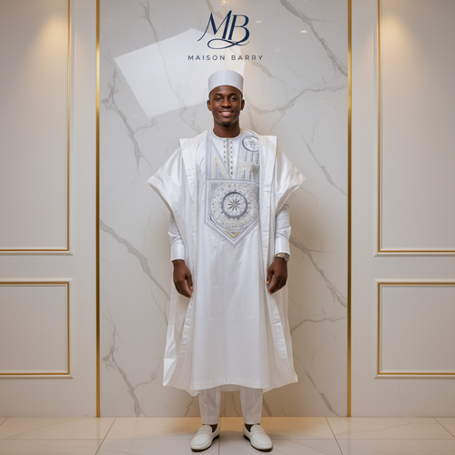 Grand Boubou Prestige 3 Pièces Blanc Immaculé - Broderies Mandala Argentées MaisonBarry