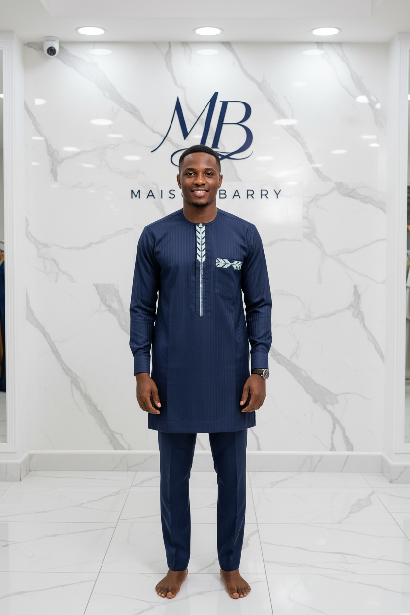 Macki Sall Prestige Bleu Marine - Broderies Blanches Traditionnelles MaisonBarry