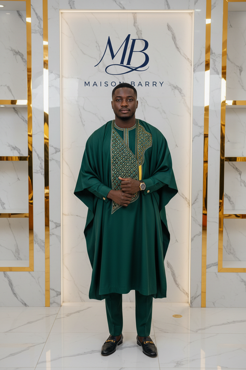 Macki Sall Prestige 3 Pièces Vert Émeraude - Grand Boubou Brodé Doré MaisonBarry