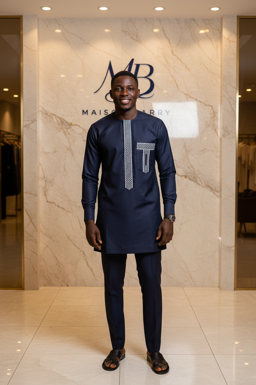 Macki Sall Prestige Bleu Marine - Broderies Damier Blanc MaisonBarry