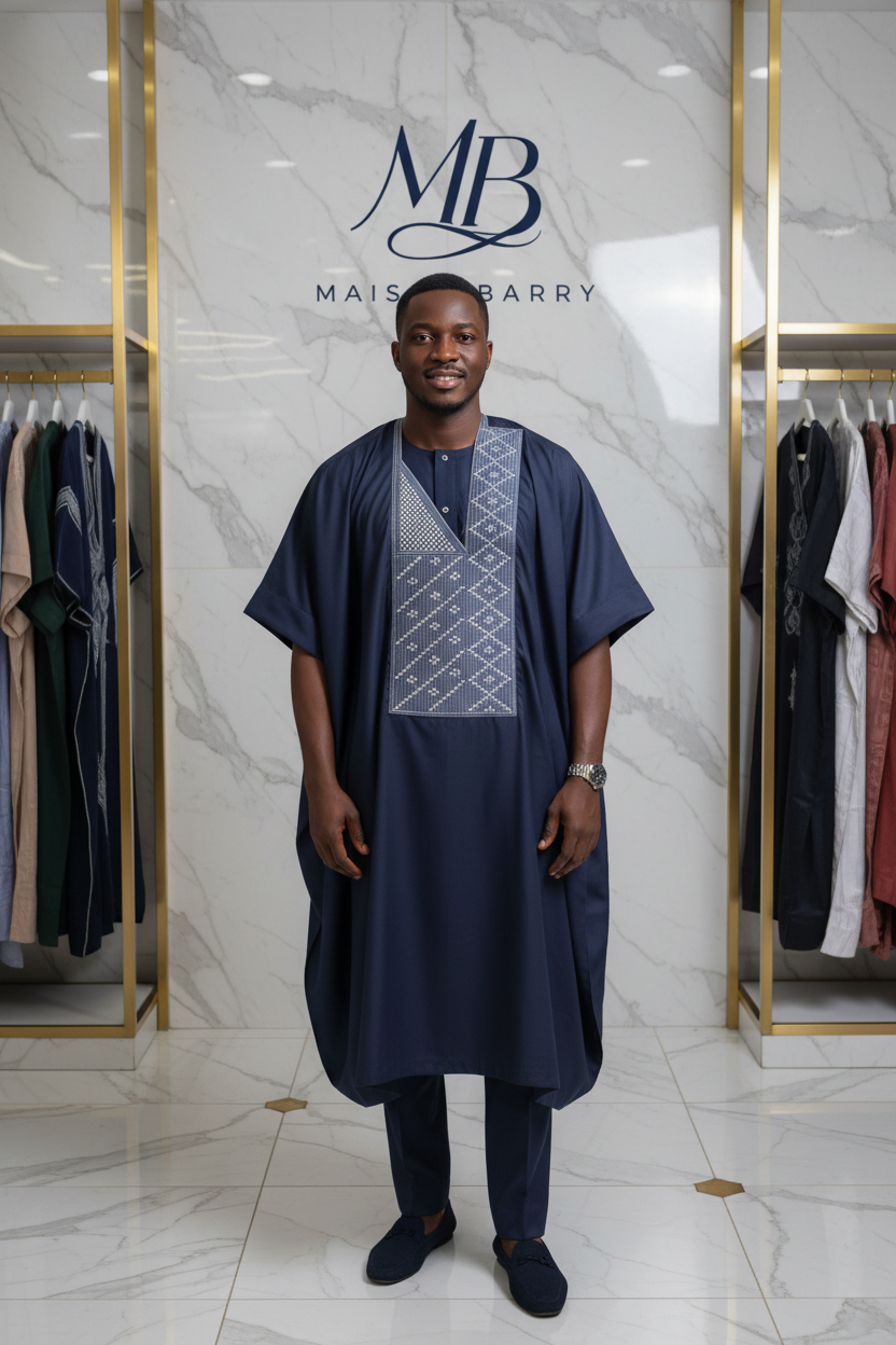 Macki Sall Prestige 3 Pièces Bleu Marine - Grand Boubou Brodé Argenté MaisonBarry