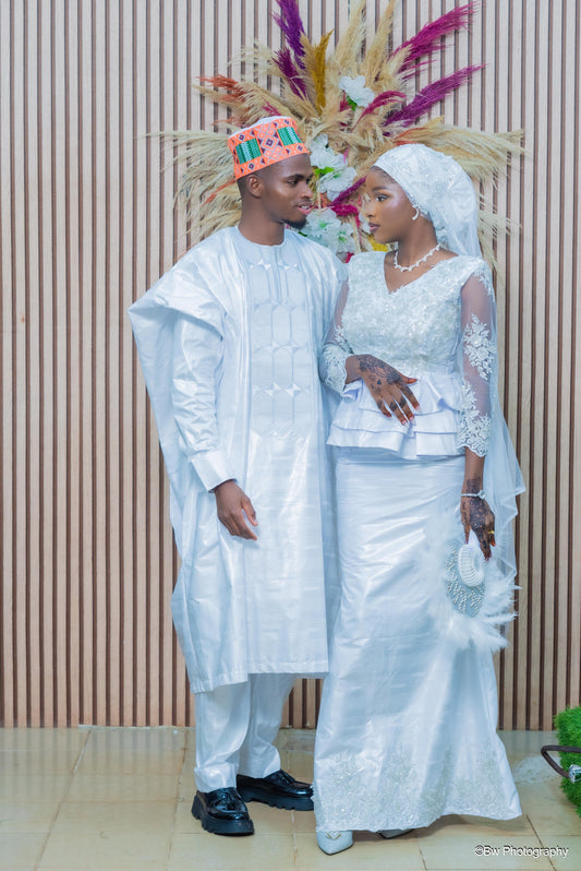 Ensemble Bazin Brodé Blanc pour Mariage en Couple